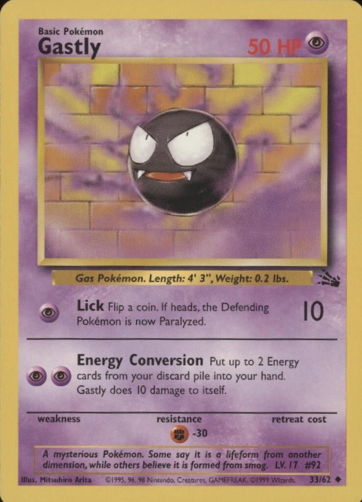Gastly Non-Holo WOTC Pokemon Card 33/62 Fossil Set EXCELLENT