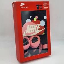 3 Pc Nike Baby Girls Outfit 6-12 Months Bodysuit Booties Headband, Black & Pink