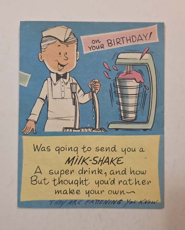 Vintage Birthday Greeting Card Lot of 2 Milkshake Diner Soda Jerk Cow Humor