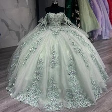 Quinceanera Dress Floral Lace Applique Corset Bow Sweet 15 16 Princess Ball Gown