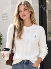POLO RALPH LAUREN Women L White Cable Knit Pullover Sweater Classic Pony Logo  