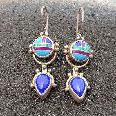 Vintage Sajen Sterling Silver Lapis Lazuli Turquoise Mosaic Dangle Earrings