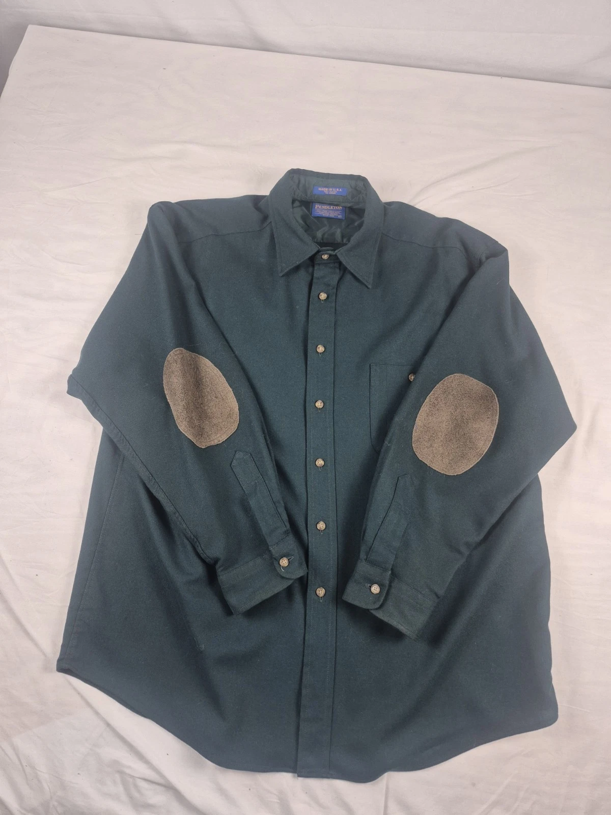 Mens Pendleton 100% Wool Green Suede Elbows Trail Shirt Size XL