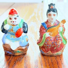 Vintage Japanese Kutani 2 Lucky Gods Moriage Porcelain Figurines