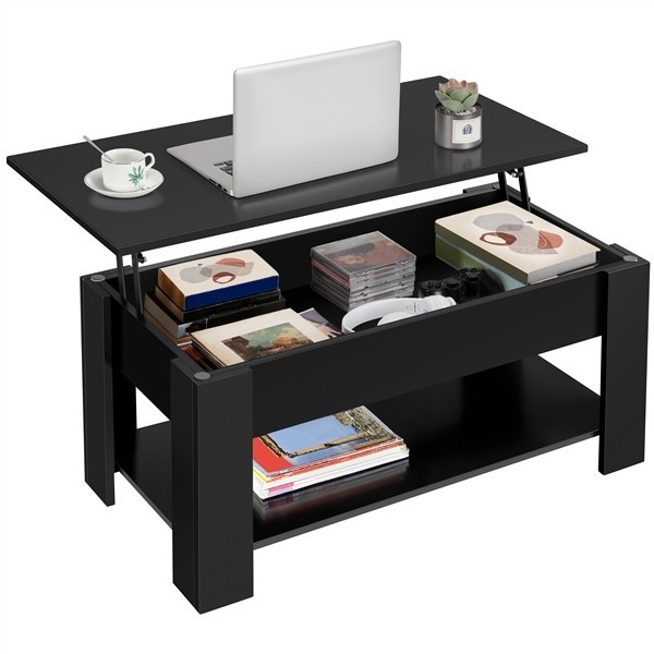 Wooden Coffee Table with Storage Lift Up Top and Shelf for Living Room, Black