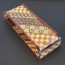 Vtg Japanese Hakone Yosegi Marquetry Trinket Pen Box Drawer Sliding Roll Top Lid