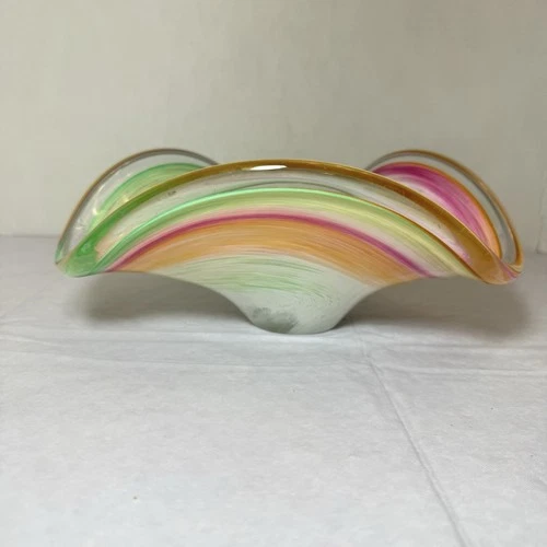 Vintage Italian Murano swirl art glass bowl pastel pink, orange, green, white