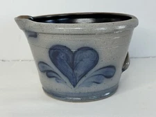 Rowe Pottery Works 1991 Batter Mixing Bowl Salt Glazed Spout Blue Heart 7.75”