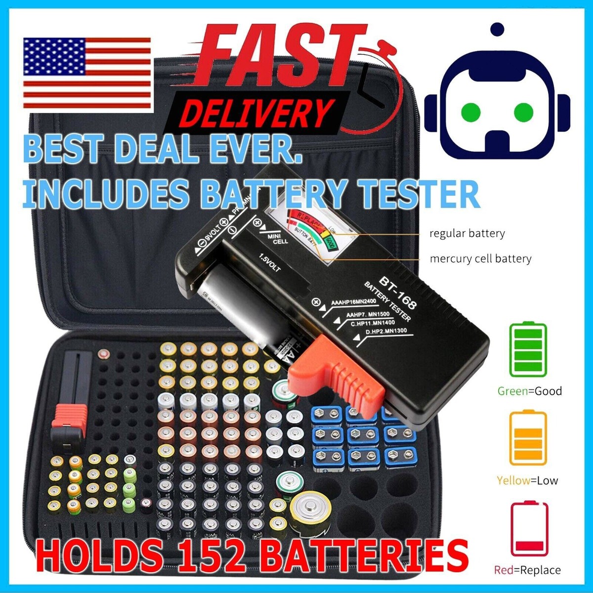 Battery Storage Organizer Tester Carry Case Bag Hold 152 Batteries