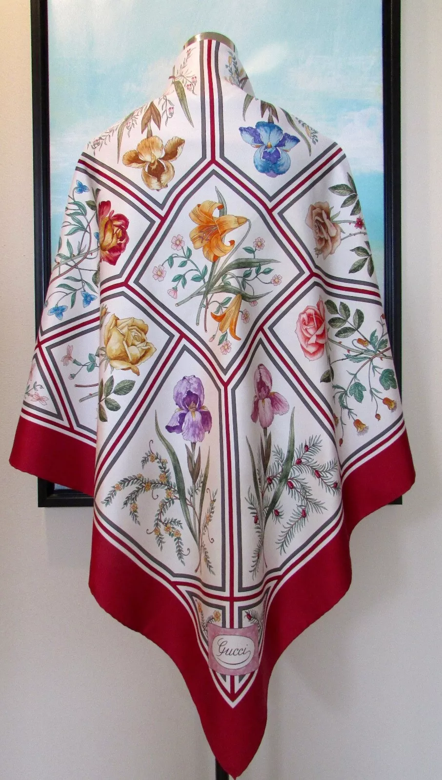 Foulard vintage Gucci Italie V. Accornero printemps floral rose iris lilly soie 34