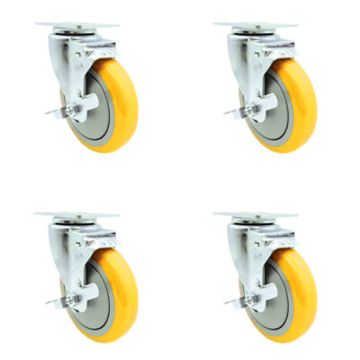 5 Inch Yellow Polyurethane Wheel Swivel Top Plate Caster Set with Brake SCC