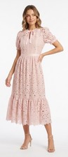 NWT Self-Portrait Pink Guipure Lace Puff Sleeve Midi Dress Size US 8 UK 12