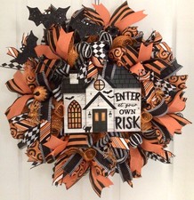 Halloween Black White Harlequin Haunted House Door Wreath Bats Large