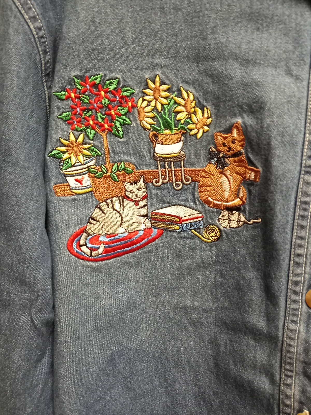 Vintage Women's Bobbie Brooks Embroidered Cats Books Denim Shirt~L/S ~Size Large