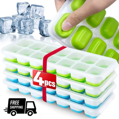 Ice Cube Tray, 4 Pack Silicone Ice Tray, 14 Ice Cube Molds with Lids, Stackable