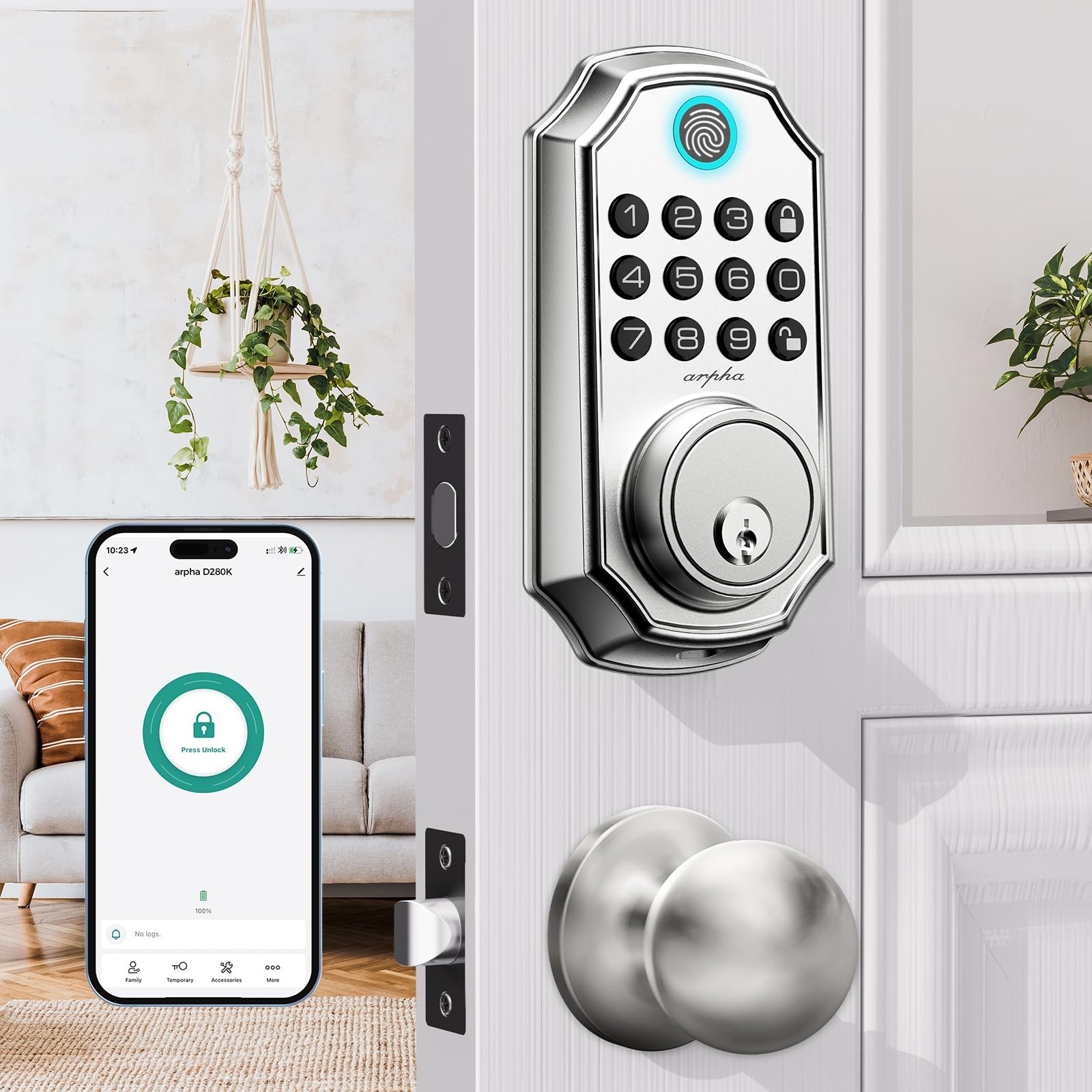 Smart Fingerprint Keyless Entry Deadbolt with Handle Set - 100 User Codes-image