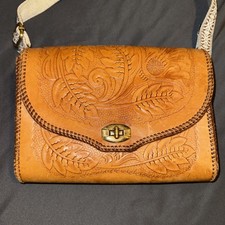 Vintage Tooled Leather Purse Floral Western Rockabilly Whipstitch Turn Lock 50  s