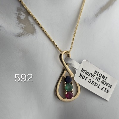 2,04g 10kt 417 9ct Gelbgold Anhänger Rubin Smaragd und Saphir Unendlichkeit 375 9k