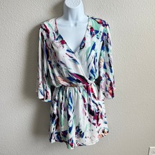 Aqua Cross Front Blouson Mini Dress Women's S Retro Print Wide Sleeve Fairy