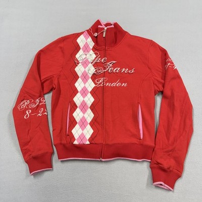 Pepe Jeans Jacket Womens XL Red Argyle Full Zip Collared Lined Preppy Jersey
