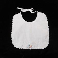 Vintage White Baby Bib Lace Trim Tie-back Rosette Flowers