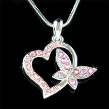 Pink HEART BUTTERFLY made with Swarovski Crystal Love Lover charm Girl Necklace