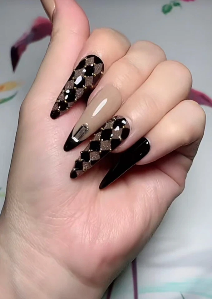 Glossy Gel With Crystal False Nails Design Hand Painted Nail Fake False Glue on - Image 2 of 4