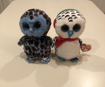 Ty Nester & Yago Owl Beanie Boo 6'' NEW White Blue Glitter Eyes,  Beak, Feet 2018