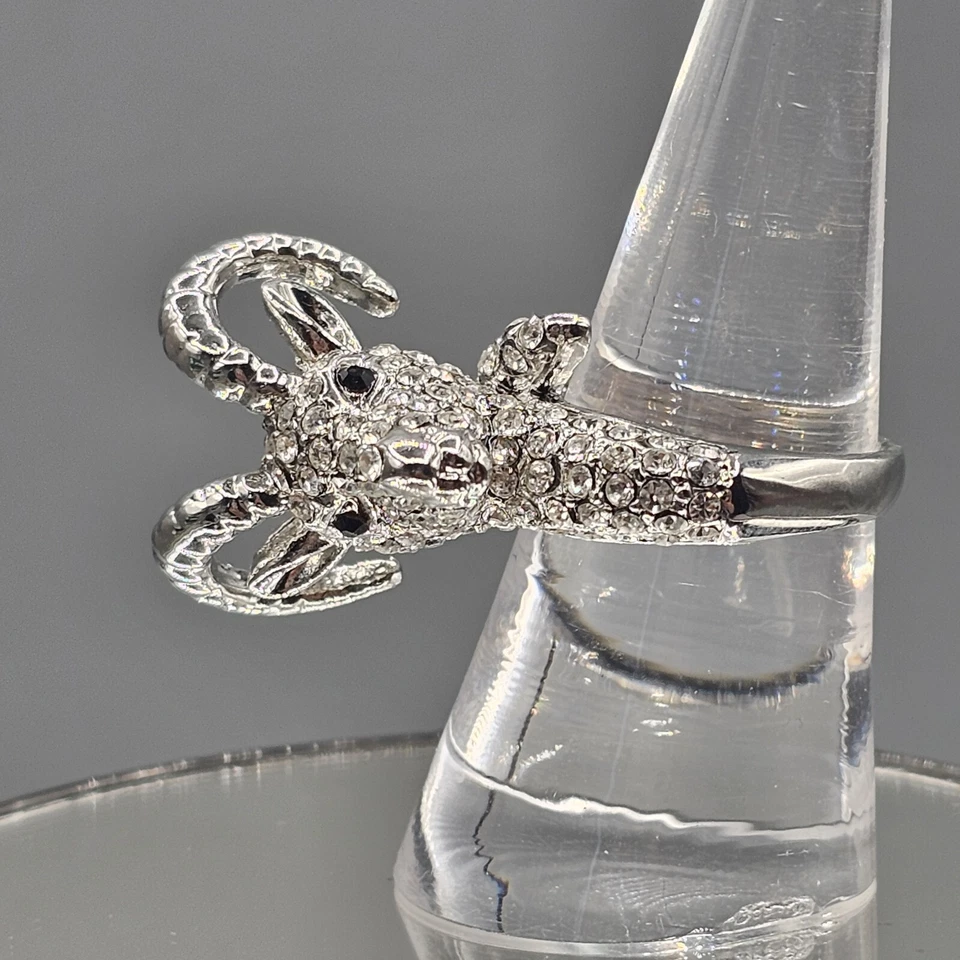 Crystal Pave Ram Head Ring Silver Tone Figural Animal 3D - Image 4 of 4