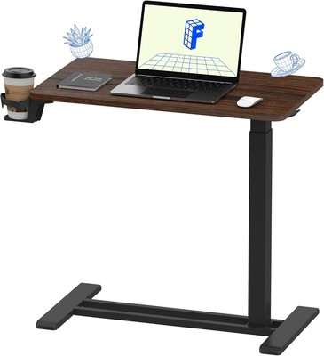Adjustable Overbed Bedside Table with Wheels Pneumatic Mobile Standing Desk