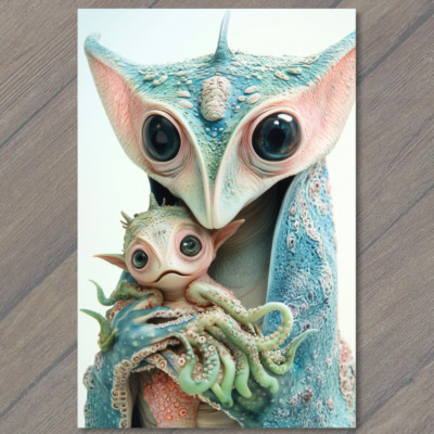 Art Print  Fantasy Creature Holding Baby Lizards with Tentacles Blue Pink Cute