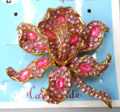 NOS Flower Brooch Pendant Rhinestone Cabochon Cattleya Orchid Bijox Luck 2.5''