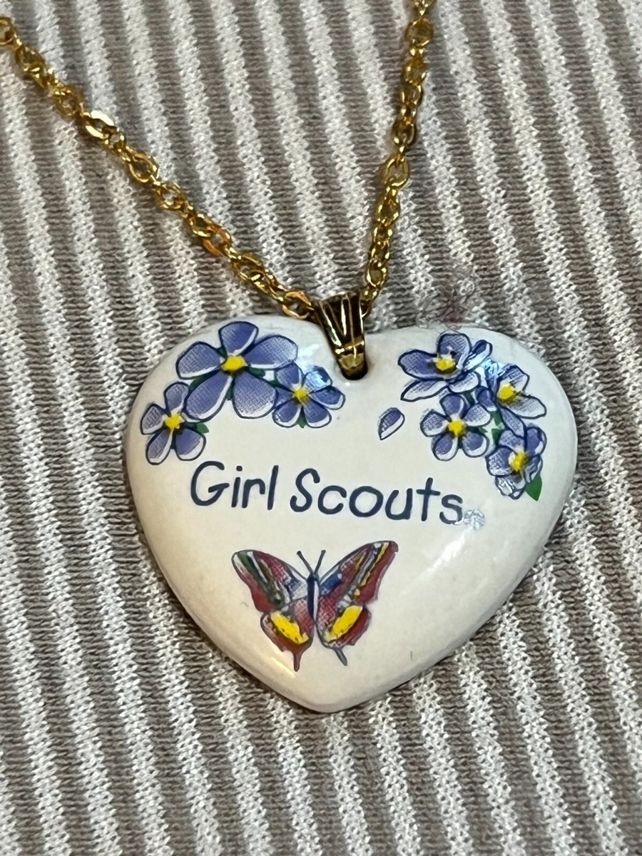 Girl Scouts Heart Pendant Necklace Flowers and Butterfly