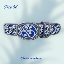 Belt Leather Cincelado Corte Laser Cowboy Guia Color Azul Cinto Ranchero Size 36
