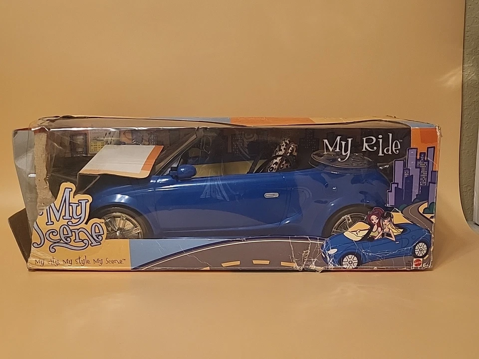 My Scene Mattel My Ride 2003 convertible coche azul asientos leopardo nuevo en caja dañada Foto 2 de 4