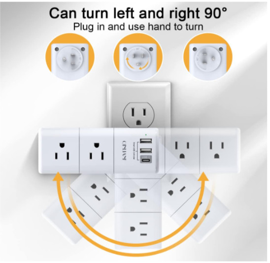 QINLIANF 3-Sided USB Outlet Extender, 6 AC Outlets & 3 USB Ports, Travel