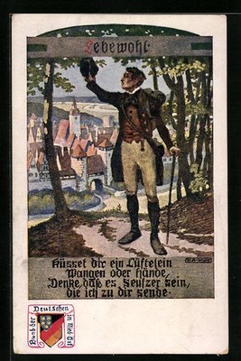 Artist postcard Karl Alex Wilke: goodbye, kiss you a little air..., wanderer mi 