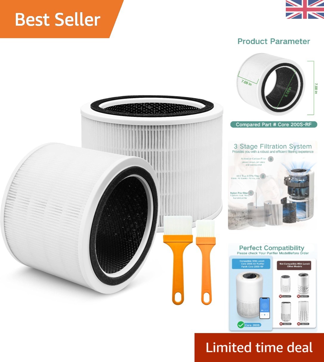 Replacement Filter for LEVOIT Core 200S - 3-Stage HEPA Filtration, 2-Pack