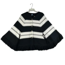 Vintage Carol Brent Poncho Womens One Size Striped Knit Fringe 70s Wool Cape