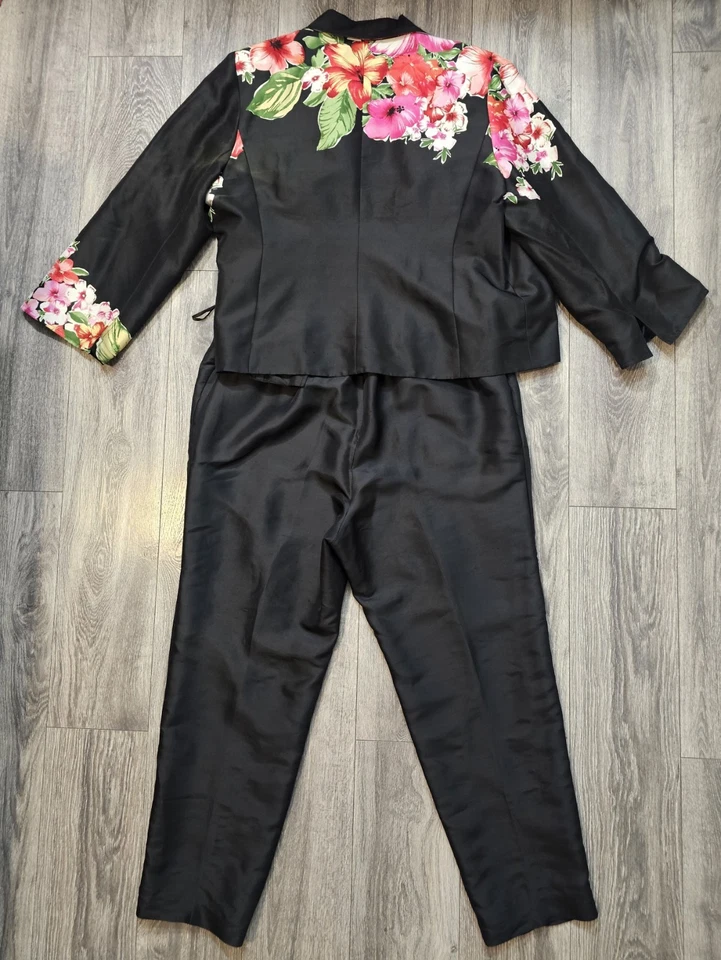 Traje Pantalón Vintage Adrianna Papell Seda Floral 3 Piezas Negro Para Mujer Talla 22W Bohemio Foto 2 de 4