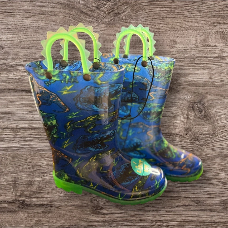 Botas de lluvia iluminadas Western Chief Kids T-Rex azul verde dinosaurio talla 11 nuevas sin etiquetas Foto 2 de 4