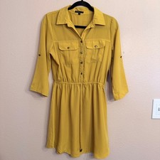 Bebop Mustard Yellow Button Down Utility Shirt Dress Elastic Waist Size M NWT