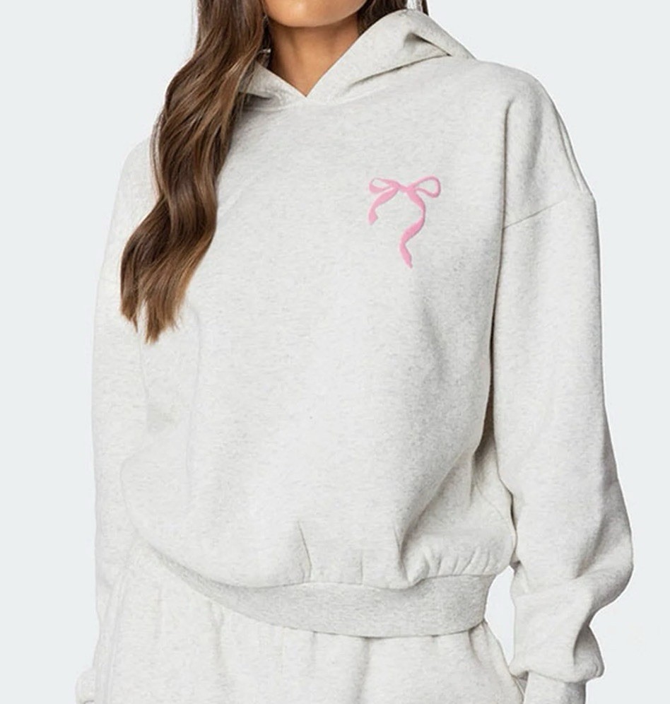 Edikted Gray Pink Bow Logo Pullover Hoodie Women's Cotton Blend Fleece Size S