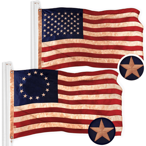 Combo Pack American USA Tea Stained Flag 2.5x4 Ft and Betsy Ross Flag Embroidery - Picture 1 of 9