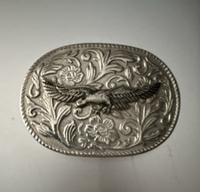 Men's Silver Tone Oval Western Belt Buckle Engraved Eagle Floral Fits 1.5"