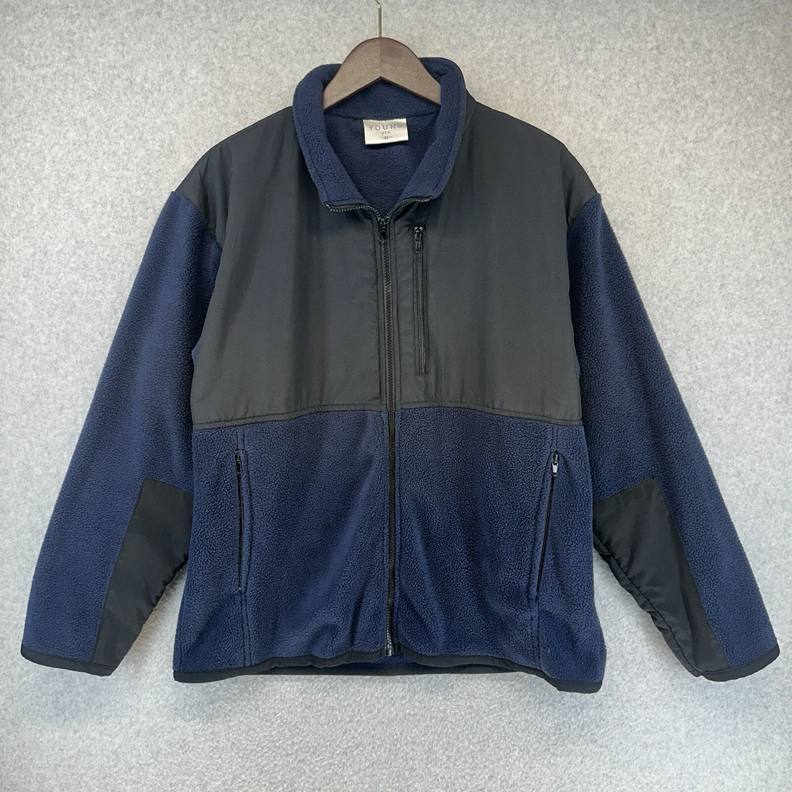 Young USA Mens Fleece Jacket Lightweight Black Blue Full Zip Zippered Pockets M