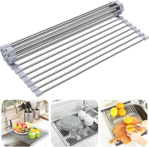 Kitchen Over the Sink Drying Rack Dish Food Drainer Stainless Steel Roll Up - Picture 1 of 10