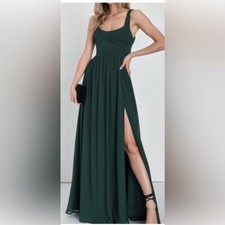 Lulus Sensational Moment Emerald Green Pleated Sash Tie Maxi Gown Dress Small