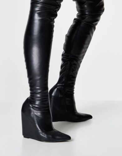 ASOS Design, Krissy black stretch PU Dominatrix 4.5" wedge OTK boots, SZ 6 - Picture 4 of 4