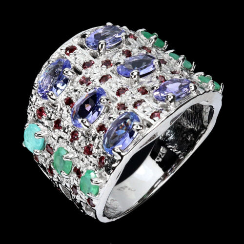925 Anello Argento Sterling Ovale Tanzanite 6x4mm Smeraldo Rodolite Gemma Size 9 - Foto 2 di 14